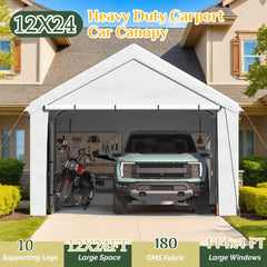 EROMMY 12' x 24' Heavy Duty Carport，Portable Garage with UV Protection & Steel Frame, Car Port with Removable Sidewalls, All-Season Car Canopy for Tractor, Truck, Boat, White
