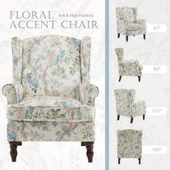 EROMMY Fabric Accent Chair, Modern Upholstered Armchair, Leisure Single Sofa Chair for Living Room Bedroom Reading, Light Blue Floral&Bird