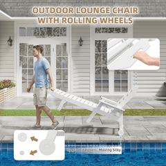 EROMMY 24" W Oversized Chaise Lounge Chairs Set of 2, Adjustable HDPE Outdoor Chairs with Wheels & Cup Holder, White