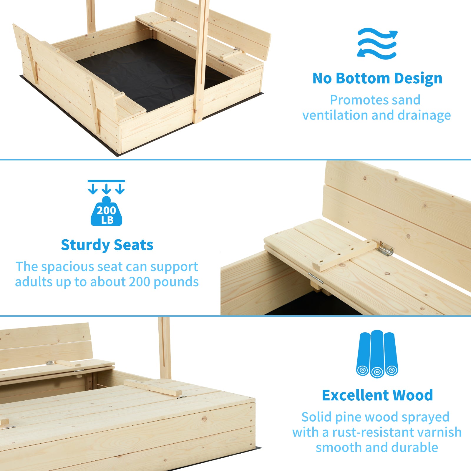 EROMMY Kids Wooden Outdoor Sandbox with UV50 Sun/Sand Protection Liner ...