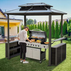 EROMMY Grill Gazebo 8 x 6 FT, Outdoor Barbecue with Double Polycarbonate Panel Roof,with Shelves and Bars for Patio, Lawn, Garden