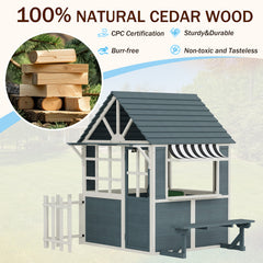 EROMMY Outdoor Playhouse for Kids, Wooden Kid Play House with Kitchen Toys,Blackboard,Chalks,Eraser,Magnetic Door, Bench, Foldable Sunshade Canopy,Flowerpot Holders, Bell, Pet Hole, Clock,Blue Grey