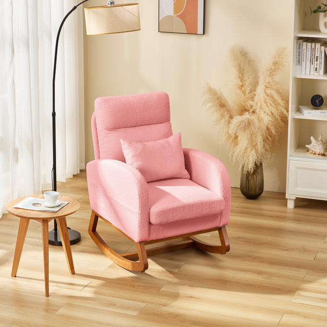 EROMMY Solid Wood Rocking Chair with Cushion Blanket, Pink, High