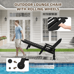 EROMMY 22" W Oversized Chaise Lounge Chairs, Adjustable HDPE Outdoor Chairs with Wheels & Cup Holder, Black