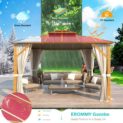 EROMMY 10'x12' Gazebo, Outdoor Wood Grain Hardtop Gazebos, Aluminum Composite Double Roof with Privacy Curtain and Mosquito Net, Wine Red