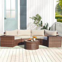 EROMMY Outdoor Patio Furniture Set, 7-Piece Half-Moon Wicker Patio Sofa Set with Storage Table, Brown & Beige