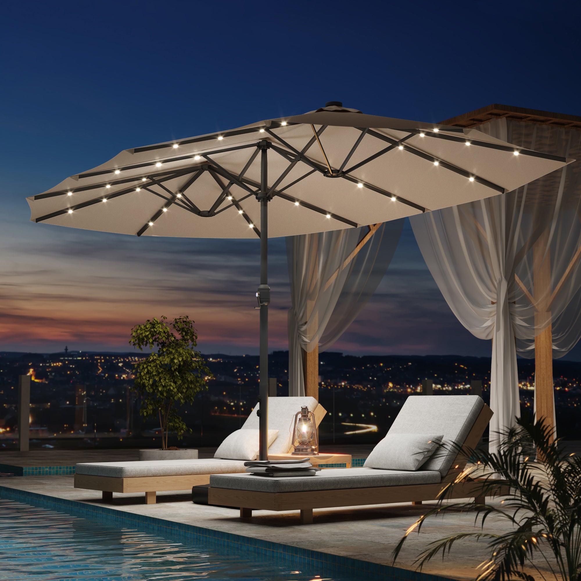 EROMMY 15 X 9 Double-Sided Large Umbrella with Solar LED - Beige