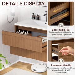 EROMMY 36 Inch Bathroom Vanity with Sink, Floating Bathroom Vanity with 2 Large Storage Drawers, Wood Grain Wall Mounted Bathroom Cabinet, Walnut