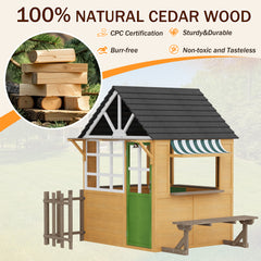 EROMMY Outdoor Play House for Kids, Wooden Kids Playhouse with Kitchen Toys, Blackboard,Chalks,Eraser,Magnetic Door, Bench, Foldable Sunshade Canopy,Bell, Pet Hole, Clock,Wood Color