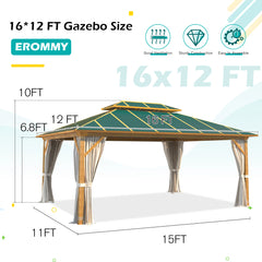 EROMMY 12' x 16' Hardtop Wooden Grain Coated Aluminum Frame Outdoor Gazebo, Double Roof, Blackish Green with Curtains and Nettings