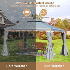 Erommy 10' x 12' Outdoor Canopy Gazebo, Double Roof Patio Gazebo Steel Frame with Netting and Shade Curtains for Garden, Patio, Party Canopy, Grey