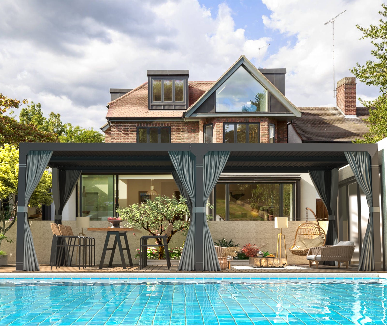 EROMMY 10x20 Metal Louvered Pergola with Outdoor Curtains – Dark Grey