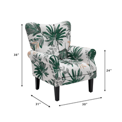 EROMMY Mid Century Wingback Arm Chair, Modern Upholstered Fabric, Green Leaves