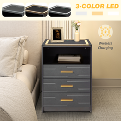 EROMMY LED Nightstand with Wireless Charging, Smart Bedside Table with Drawers & Adjustable LED Lights, Gray-Erommy