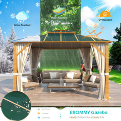 EROMMY 10'x12' Gazebo, Outdoor Wood Grain Hardtop Gazebos, Aluminum Composite Double Roof with Privacy Curtain and Mosquito Net Green