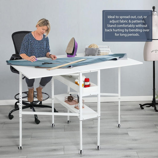 EROMMY Height Adjustable Craft Table with Storage Shelves, Mobile Folding Cutting Table for Large Fabric