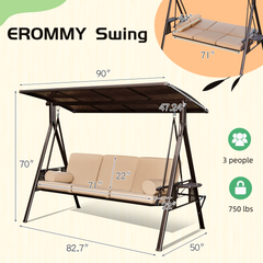 EROMMY Porch Swing with Hardtop Sunshade, 3 Seat with 2 Side Cup Holder with Cushion, 2 Pillows for Front Outdoor Porch Lawn Khaki
