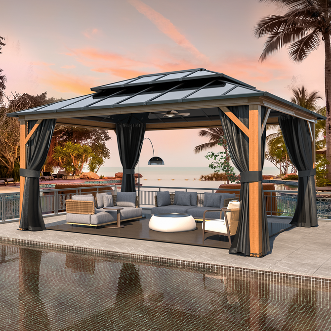 EROMMY 12' × 16' Hardtop Gazebo, Outdoor Gazebo with Double Polycarbonate Roof, Aluminum Gazebo with Curtains and Netting, Permanent Gazebo for Patio, Lawn and Pool-Erommy