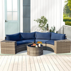 EROMMY Outdoor Patio Furniture Set, 7-Piece Half-Moon Wicker Patio Sofa Set with Storage Table, Blue