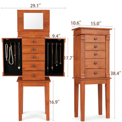 EROMMY 5 Drawers Jewelry Cabinet, Standing Jewelry Chest W/ 8 Necklace Hooks and Top-flip Mirror, Stand Up Jewelry Box with 2 Side Doors