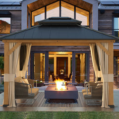 EROMMY 11' x 13' Outdoor Cedar Wood Hardtop Gazebo w/ Double Metal Roof, Curtains & Nettings