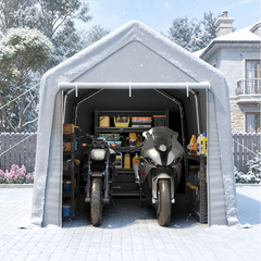 EROMMY 8 x 12 FT Carport Storage Shed, Outdoor Motorcycle Shed with Roll-Up Zipper Door & Vent, UV-Resistant Carport for Motorcycle, Firewood, Tools,Grey