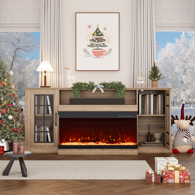 70 Inch 3-Sided Glass Fireplace TV Stand in Christmas