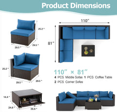 EROMMY 7 Piece Outdoor Patio Furniture with Storage Table, Cushions and Pillows, Blue