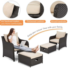 EROMMY 5 Pcs Outdoor Wicker Chair Set with Ottomans and Coffee Table, Khaki