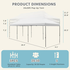 EROMMY 10x30 Pop Up Canopy Tent, Commercial Instant Canopy Heavy Duty with Roller Bag, 8 Sand Bags, 8 Wind Ropes & Ground Nails, White