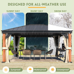 EROMMY 12'x16' Luxury Ultra-Thick Columns and Beams Hardtop Gazebo with Faux Wood Grain Aluminum Frame, Vertical Stripe Galvanized Steel Single Roof