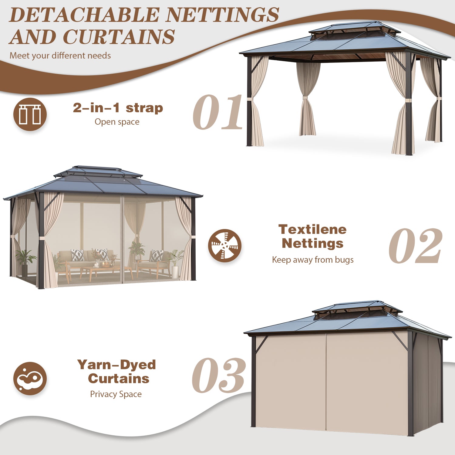 EROMMY 12'x16' Patio Hardtop Gazebos Canopy Polycarbonate Double-Roof w/ Netting & Curtains - Erommy