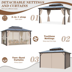 EROMMY 12'x16' Patio Hardtop Gazebos Canopy Polycarbonate Double-Roof w/ Netting & Curtains