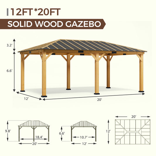 EROMMY 12' x 20' Spruce Wood Gazebo Hardtop, Silent Asphalt Roof Solid Wood Gazebo, for Patio, Lawns, Garden, Yard