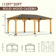 EROMMY 12' x 20' Spruce Wood Gazebo Hardtop, Silent Asphalt Roof Solid Wood Gazebo, for Patio, Lawns, Garden, Yard