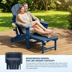 EROMMY 3-Level  Adjustable Adirondack Chair with Retractable Ottoman, Folding HDPE Outdoor Chair with Cup Holders, Navy Blue