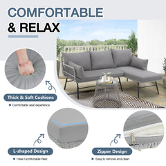 EROMMY L-Shaped Sectional Sofa Set with Cushions & Glass Coffee Table for Patio, Gray