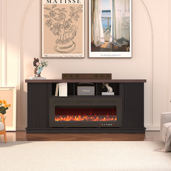 EROMMY 70" TV Stand with Electric Fireplace,Living Room Fireplace TV Stand, Dark Walnut Color