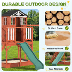 EROMMY Kids Outdoor Wooden Swing Set with Elevated Playhouse, Wave Slide, Belt Swings and Sandbox