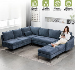 EROMMY Modern U Shaped 6-seat Sectional Sofa Couch, Convertible Chenille Modular Sofa with Chaise Lounge and Ottoman, Blue