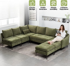 EROMMY Modern U Shaped 6-seat Sectional Sofa Couch, Convertible Chenille Modular Sofa with Chaise Lounge and Ottoman, Green