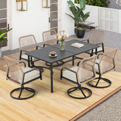 EROMMY 7-Piece Outdoor Dining Set, 6 Swivel Rattan Chairs with Thick Removable Cushions, Rectangular Dining Table with Umbrella Hole