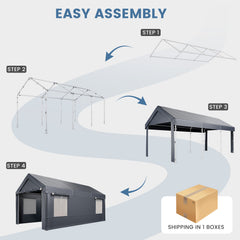 EROMMY Carport, 10' x 20' Heavy Duty Carport with Roll-up Windows，Portable Garage with Removable Sidewalls, Car Canopy for Truck, Tractor, Boat, Gray