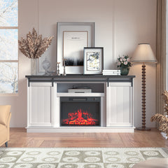 EROMMY 63 Inch Fireplace TV Stand with Electric Fireplace, Sliding Barn Doors, LED Flame Effect, Bright White