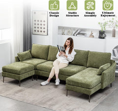 EROMMY Modern U Shaped 4-seat Sectional Sofa Couch, Convertible Chenille Modular Sofa, Reversible Sleeper Couch with Chaise Lounge, Green