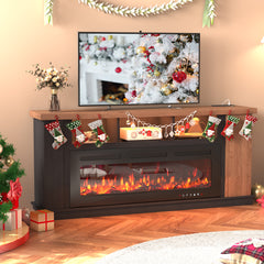 EROMMY Traditional 70" Country TV Stand with 50" Electric Fireplace Heater, TV Stand with Light Strips and Sockets, Oak