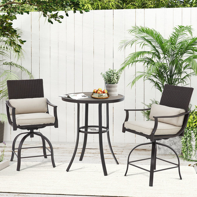 EROMMY 3 Piece Outdoor Patio Set, High Top Patio Bar Set with Round Table and 2 Swivel Dining Chairs with Lumbar Pillow, Beige-Erommy