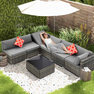EROMMY 7 Piece Outdoor Patio Furniture with Storage Table, Cushions and Pillows, Gray-Erommy