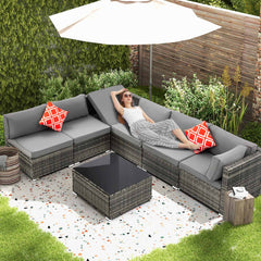 EROMMY 7 Piece Outdoor Patio Furniture with Storage Table, Cushions and Pillows, Gray