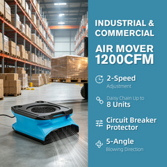 EROMMY 1/4 HP Air Mover, 1200 CFM Low Profile Carpet Dryer & Floor Blower, 2-Speed Commercial Fan, Lightweight Stackable Design with Daisy Chain for Water Damage Restoration